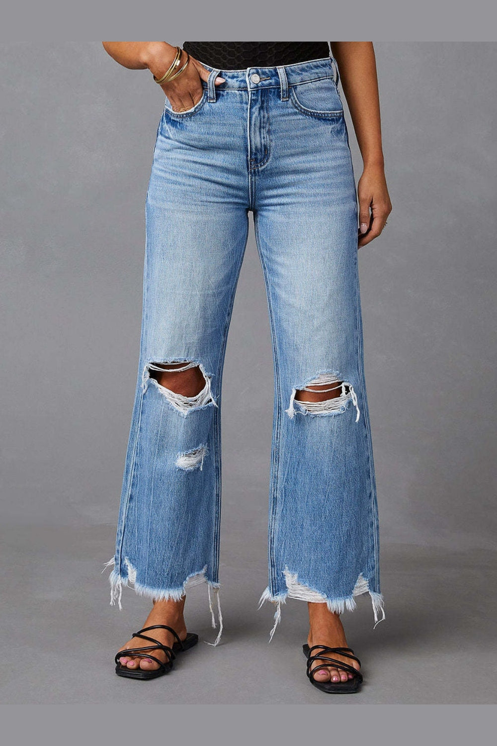 Distressed Raw Hem Jeans with Pockets