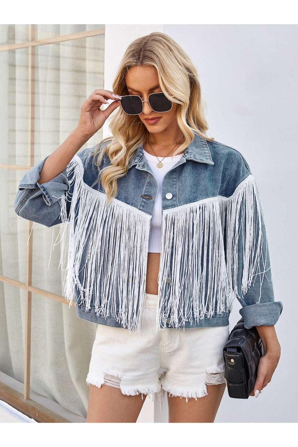 Tassel Button Up Dropped Shoulder Denim Jacket