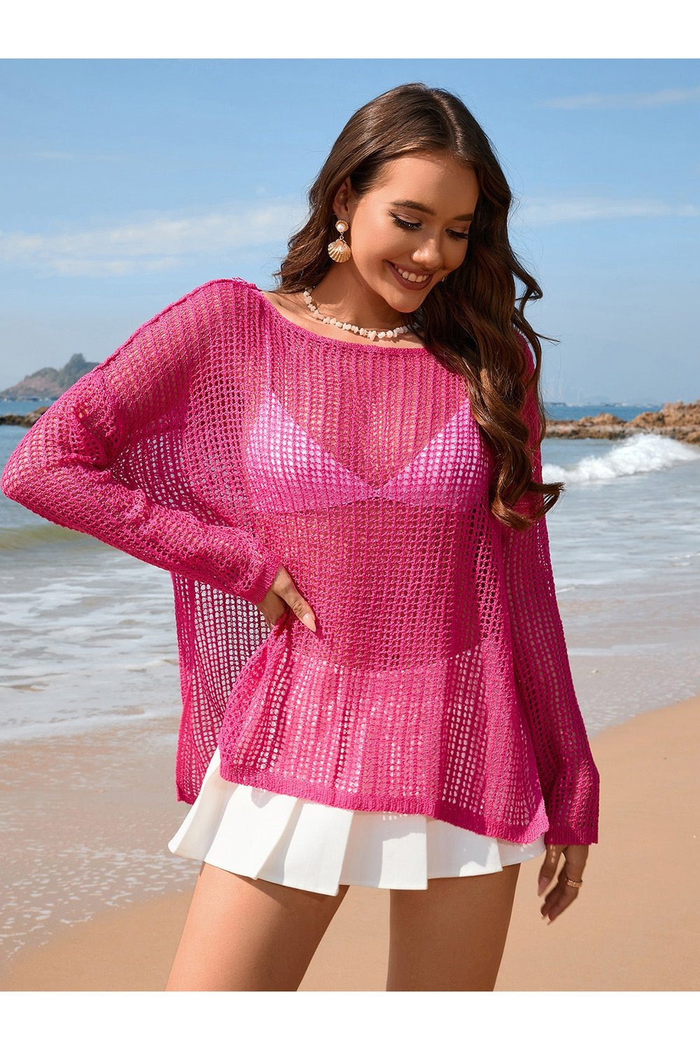 Openwork Slit Boat Neck Long Sleeve Cover-Up