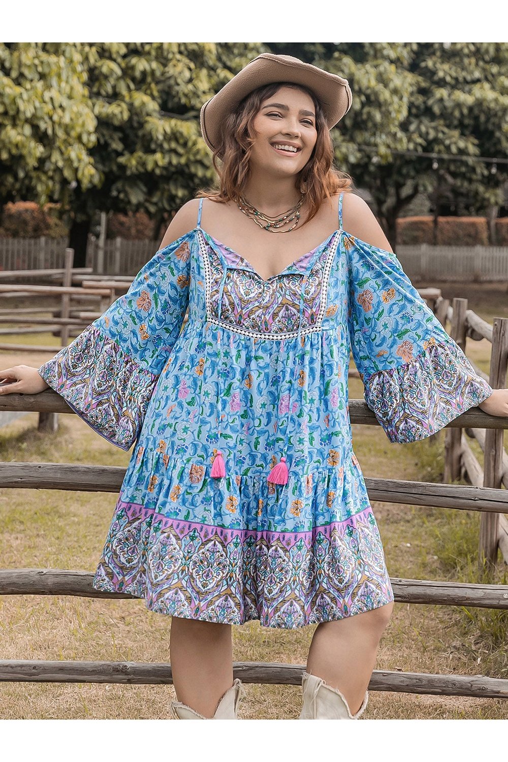 Plus Size Printed Long Sleeve Mini Dress