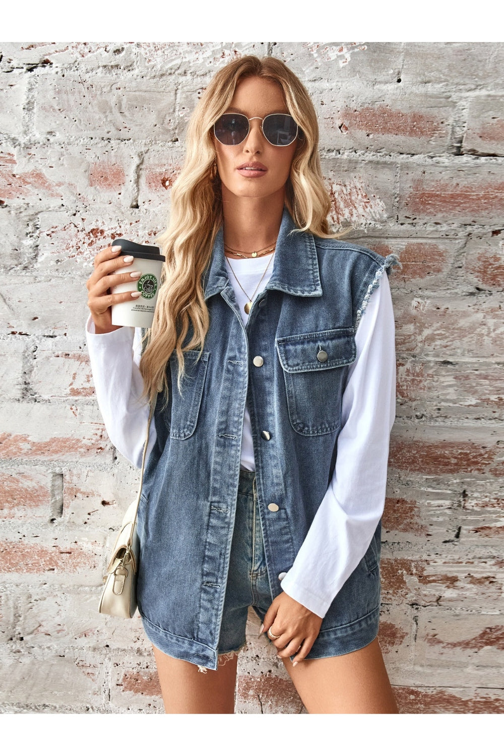 Raw Hem Sleeveless Button Up Denim Jacket