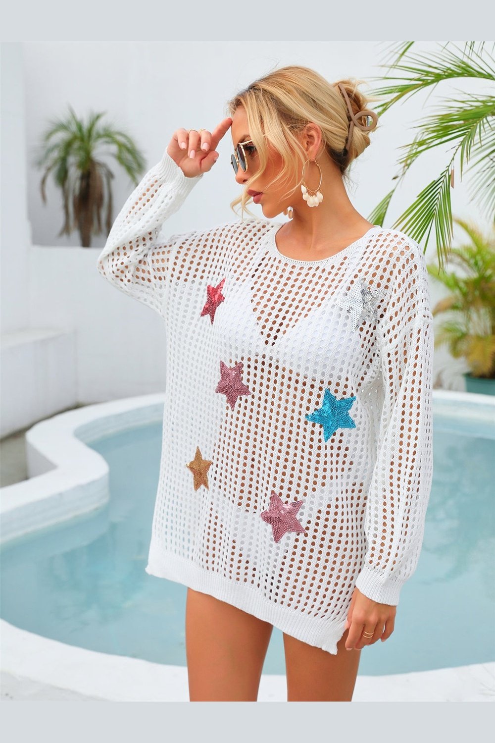 Sequin Star Round Neck Long Sleeve Cover Up