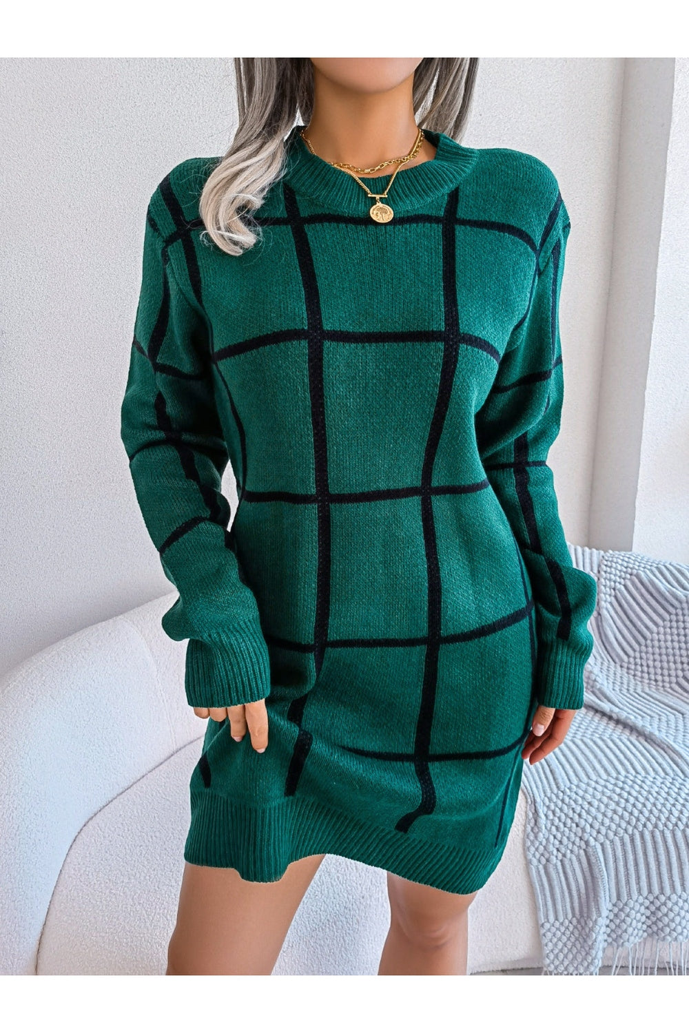 Plaid Round Neck Dropped Shoulder Sweater Dress