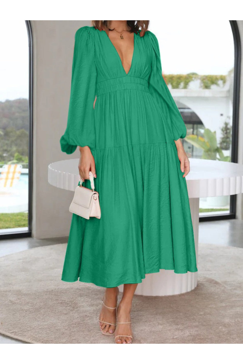 Deep V-Neck Balloon Sleeve Plain Maxi Dress