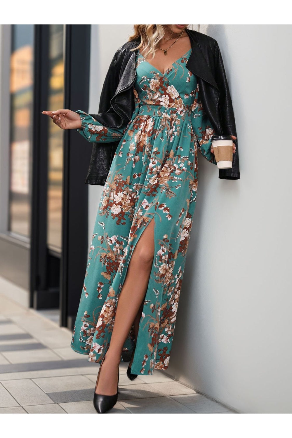 Perfee Slit Printed Surplice Long Sleeve Maxi Dress