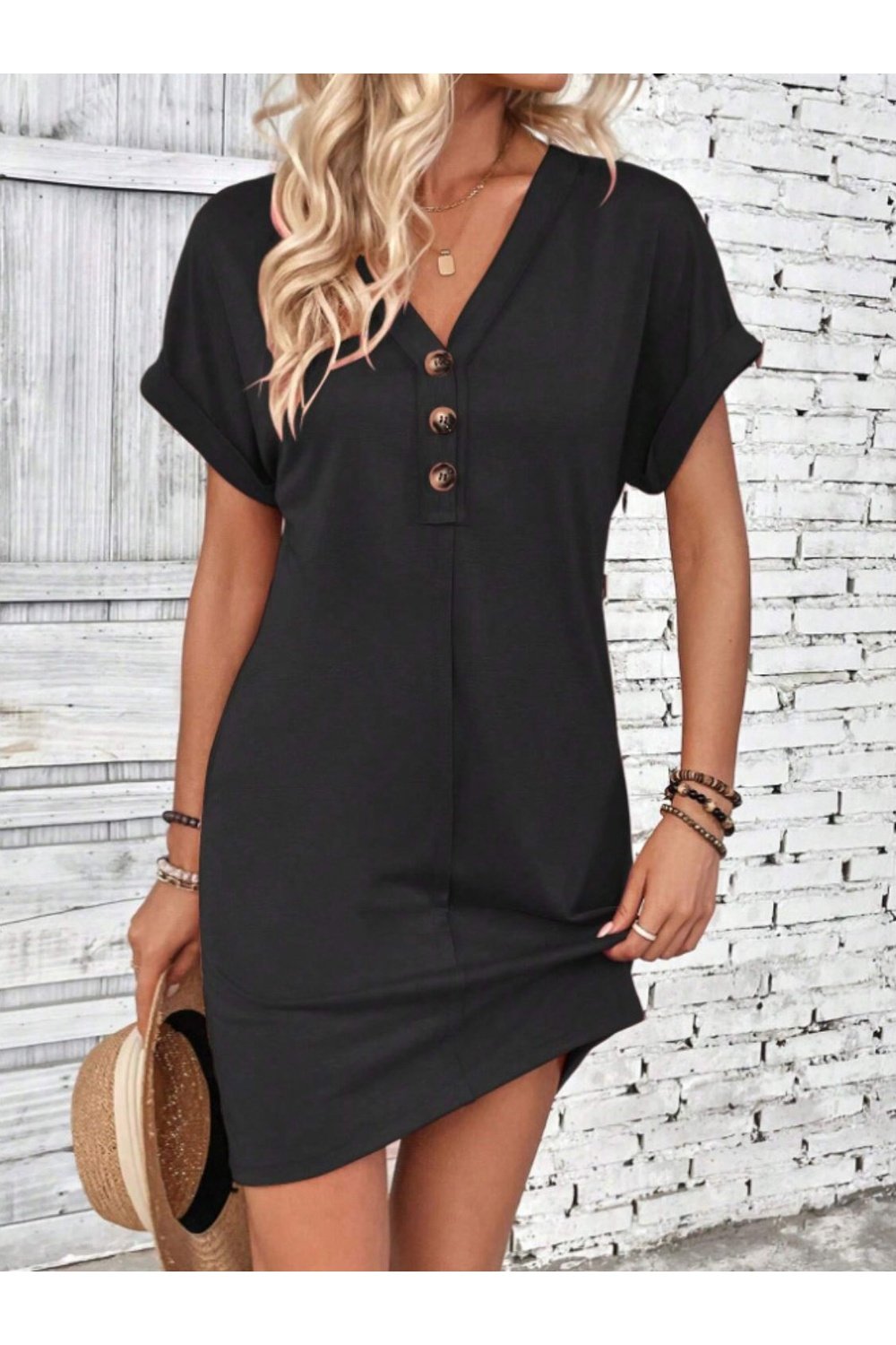 Quarter Button V-Neck Short Sleeve Dress