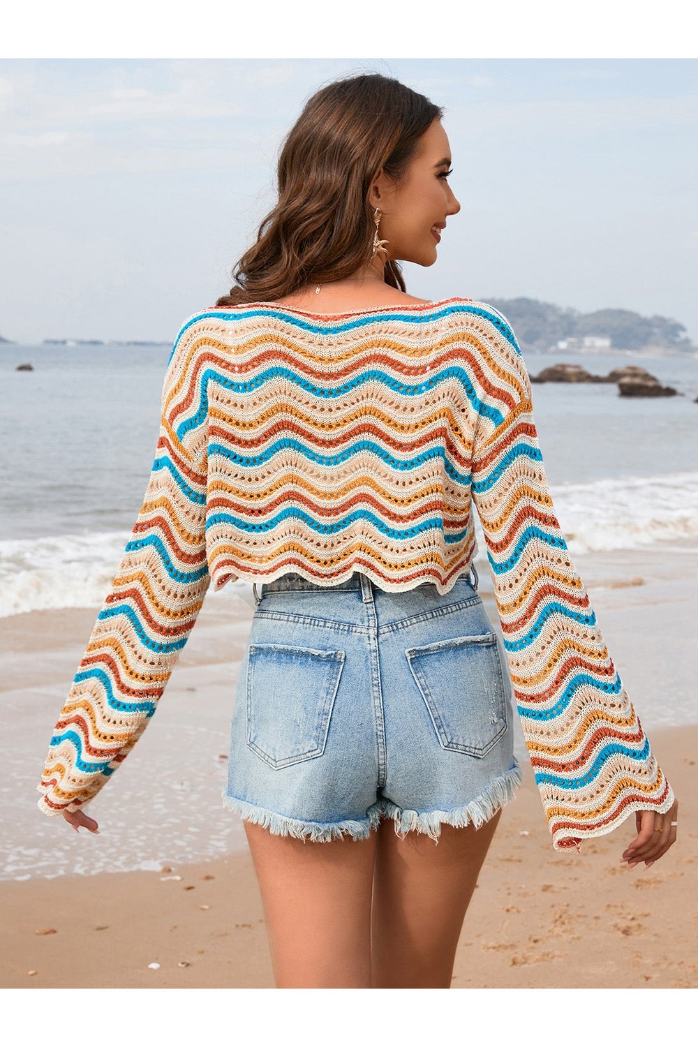 Striped Boat Neck Long Sleeve Cover Up