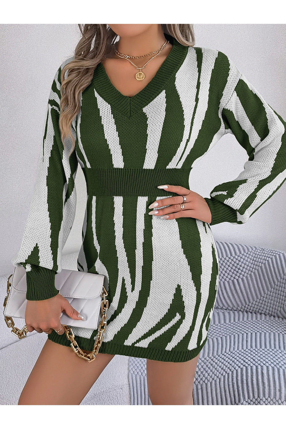 Animal Print V-Neck Long Sleeve Sweater Dress