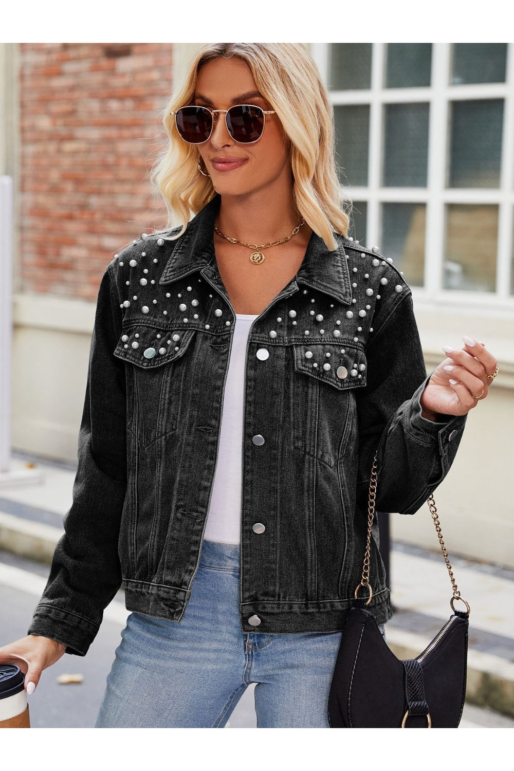 Pearl Detail Collared Neck Long Sleeve Denim Jacket