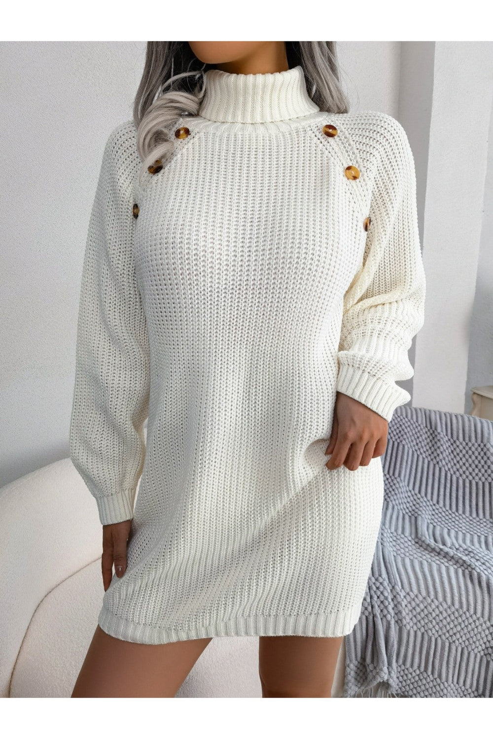 Decorative Button Turtleneck Sweater Dress